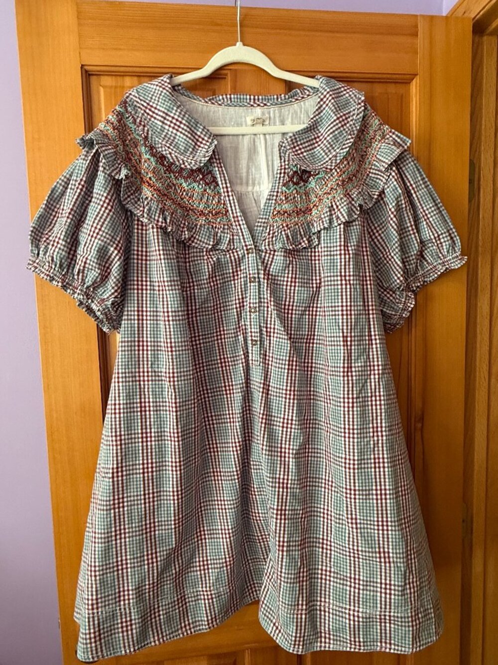 Pilcro (anthropolgie) plaid babydoll dress with a crocheted collar